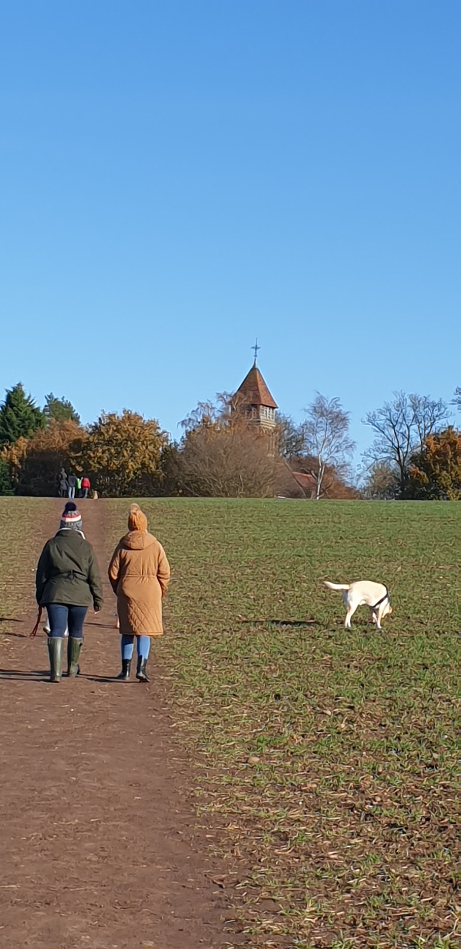 Walkers and a dog on the footpath to St James, the church on the hill ahead