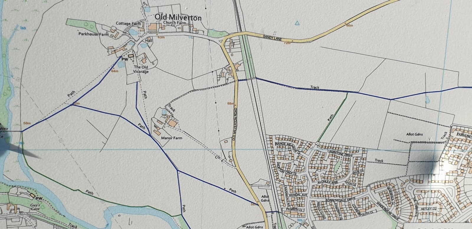An Ordnance Survey map of Old Milverton showing the footpaths from the church across the fields to the River Avon and the Saxon Mill