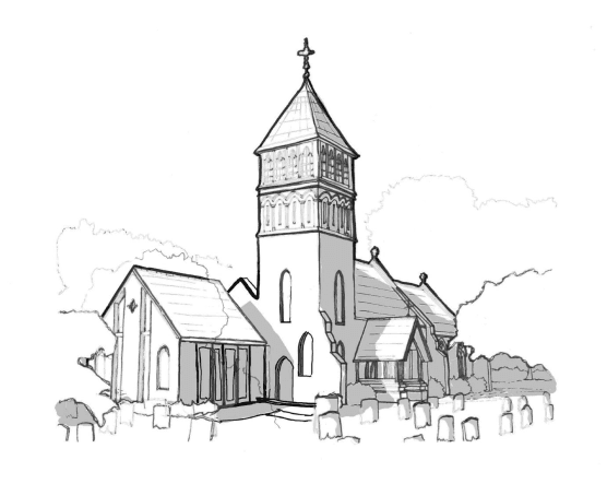 A pen sketch of St James the Great and its distinctive tower, among the churchyard gravestones